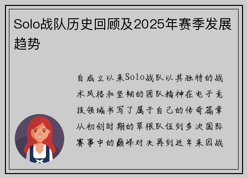 Solo战队历史回顾及2025年赛季发展趋势